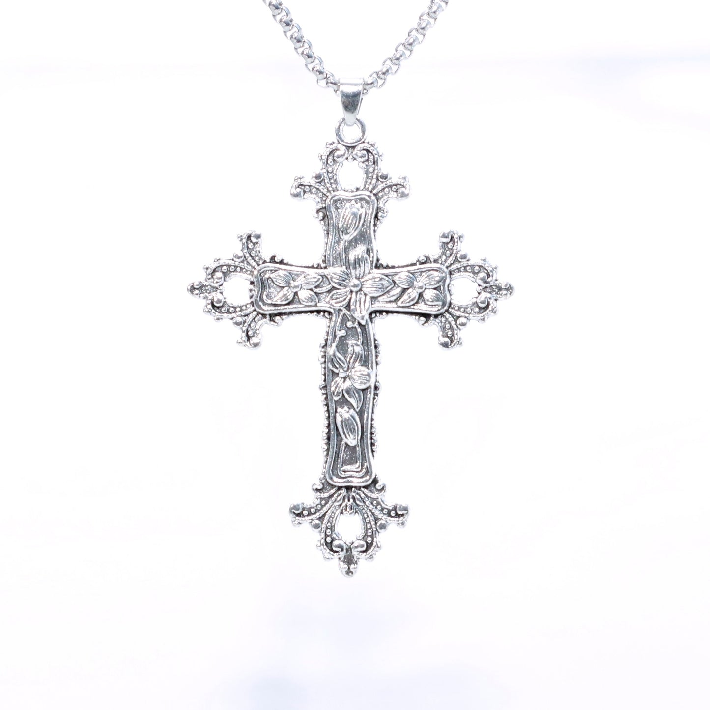 Gothic large cross necklace Religious jewelry Detailed floral cross pendant Big cross layer necklace long 24 " Jesus crucifix Religious