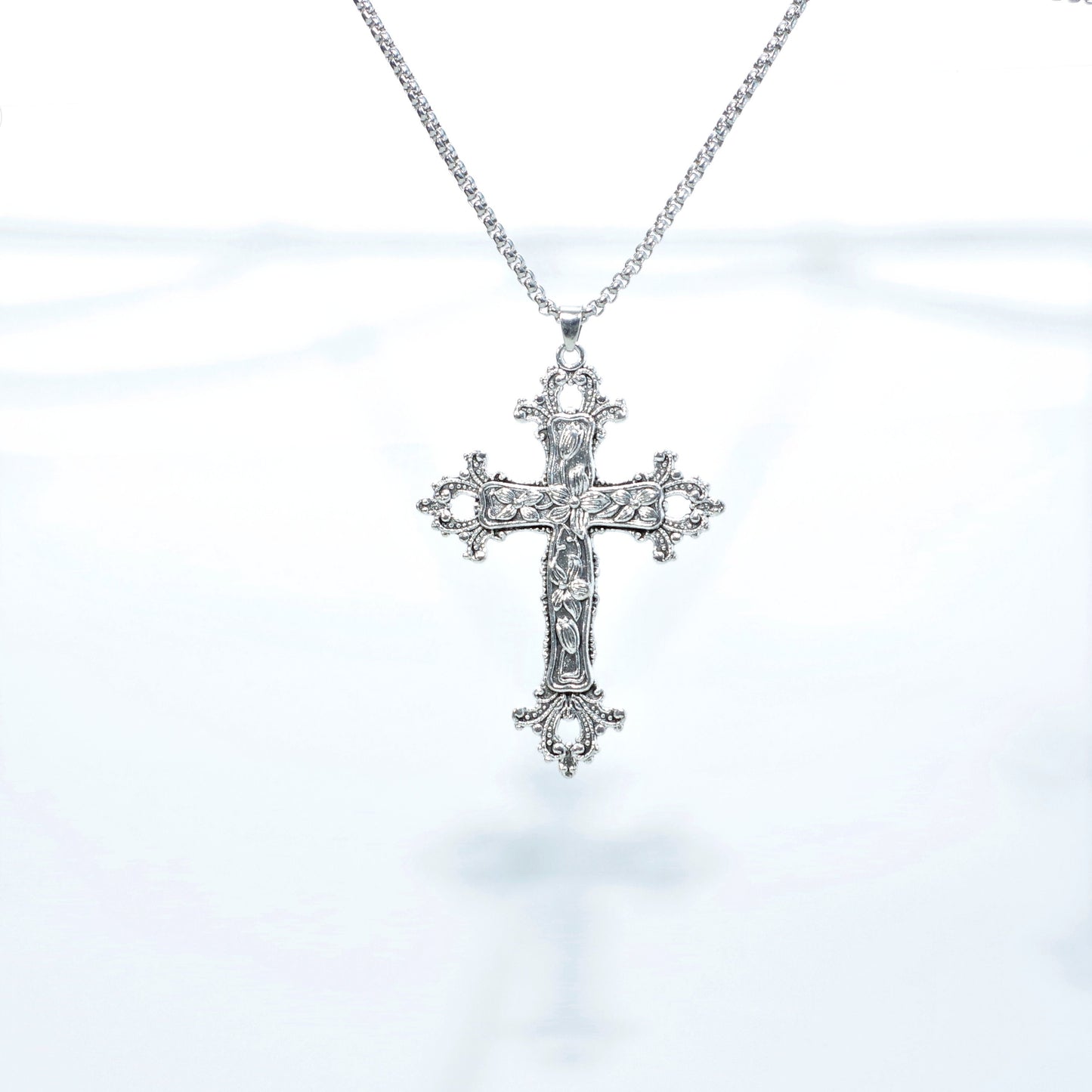 Gothic large cross necklace Religious jewelry Detailed floral cross pendant Big cross layer necklace long 24 " Jesus crucifix Religious