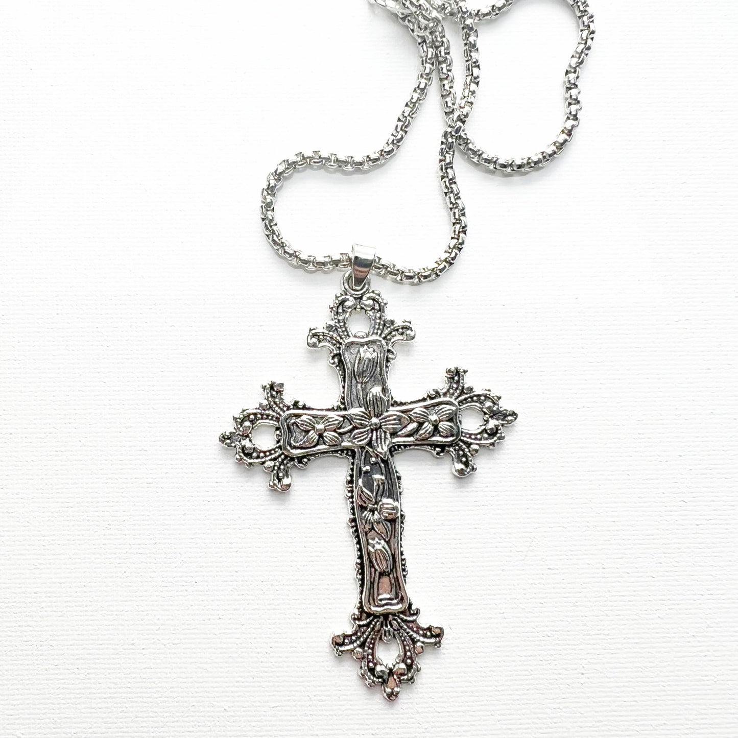 Gothic large cross necklace Religious jewelry Detailed floral cross pendant Big cross layer necklace long 24 " Jesus crucifix Religious