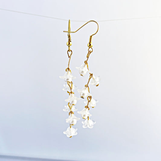 White small flowers earrings,Cascading flowers dangles earrings ,pearl grape summer jewelry, gift for her