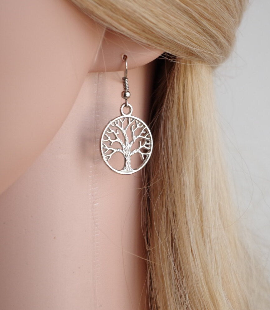 Silver Tree Earrings Family Tree Earrings Drop Earrings Circle of Life Dangle Earrings Simple Everyday Silver Tree Earrings Christmmas Gift
