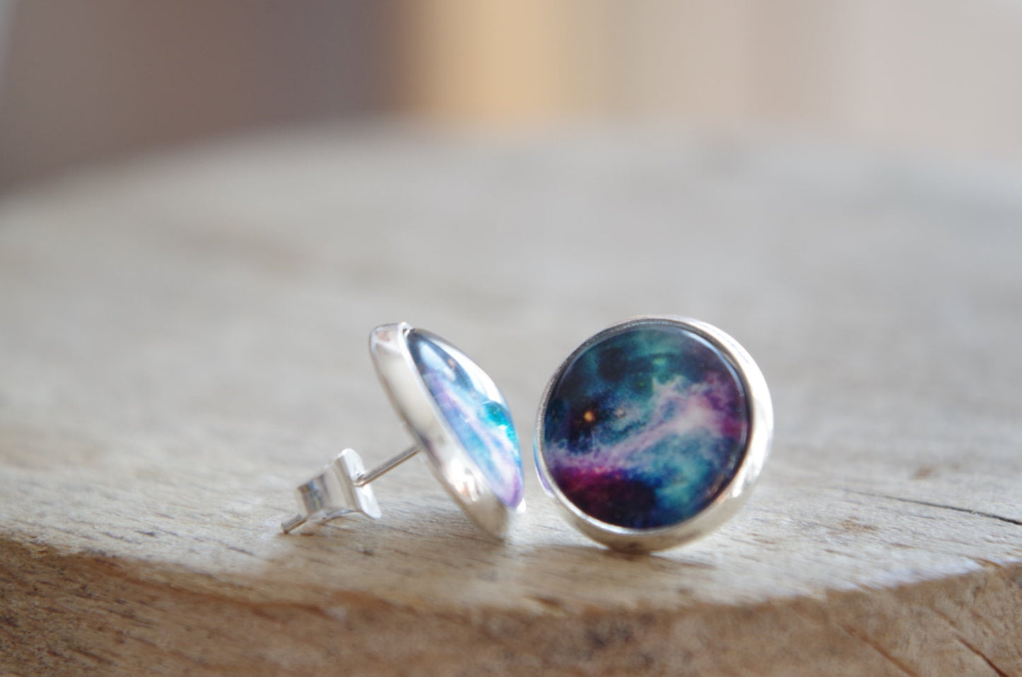 Galaxy Space Stud Earrings Rainbow Bleu Galaxy jewelry Nebula Stardust Earring Anniversary gift for her Minimalist jewelry