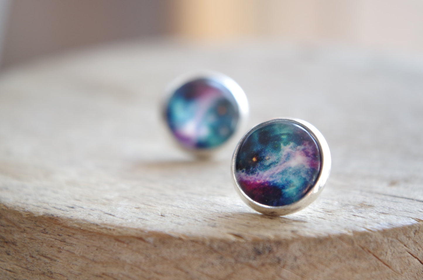 Galaxy Space Stud Earrings Rainbow Bleu Galaxy jewelry Nebula Stardust Earring Anniversary gift for her Minimalist jewelry