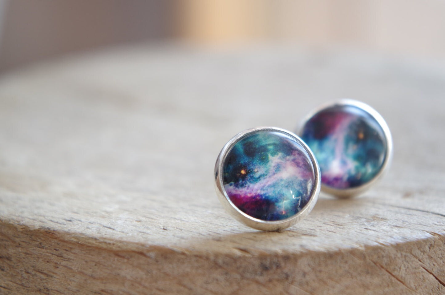 Galaxy Space Stud Earrings Rainbow Bleu Galaxy jewelry Nebula Stardust Earring Anniversary gift for her Minimalist jewelry