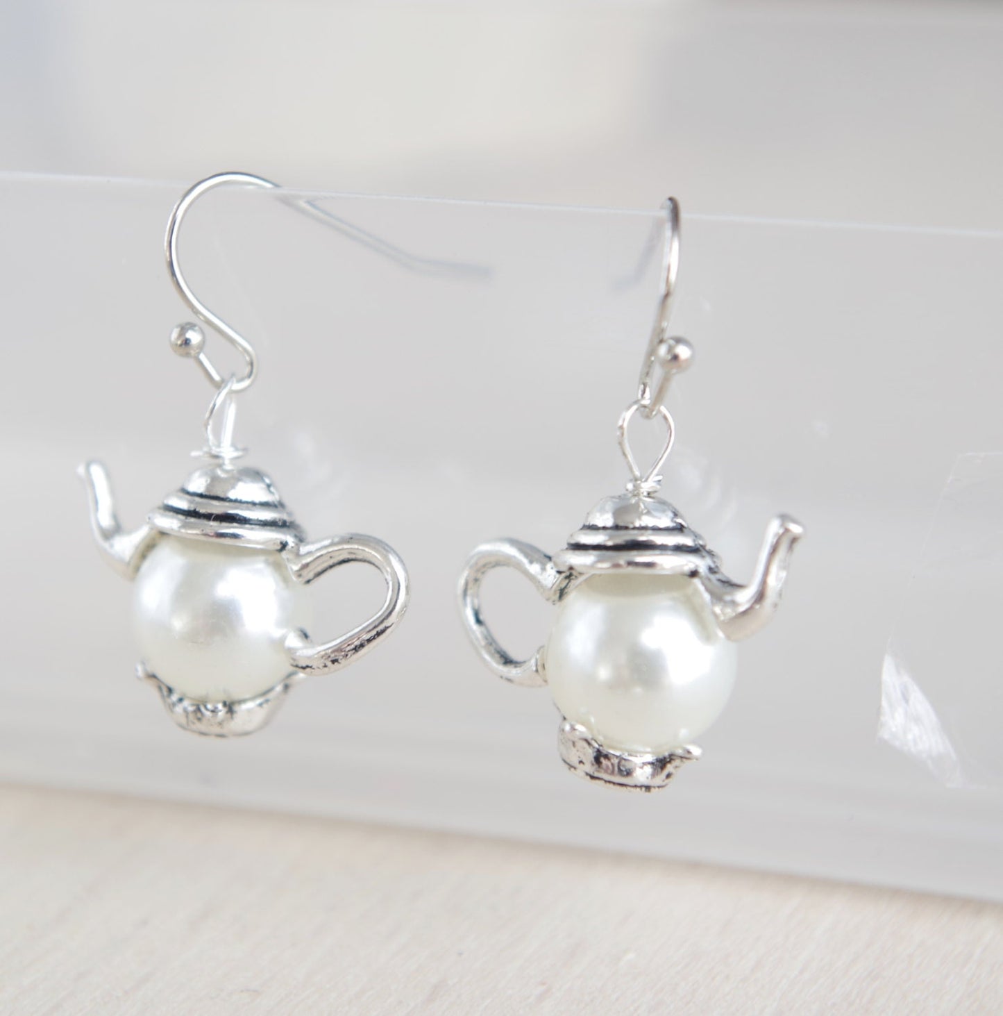 Teapot earrings silver drop earrings colorful earrings pearls jewelry tea earrings tea party teapot jewelry Mother's day gift women grandma