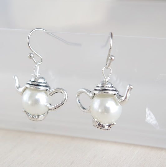 Teapot earrings silver drop earrings colorful earrings pearls jewelry tea earrings  tea party teapot jewelry Mother's day gift women grandma