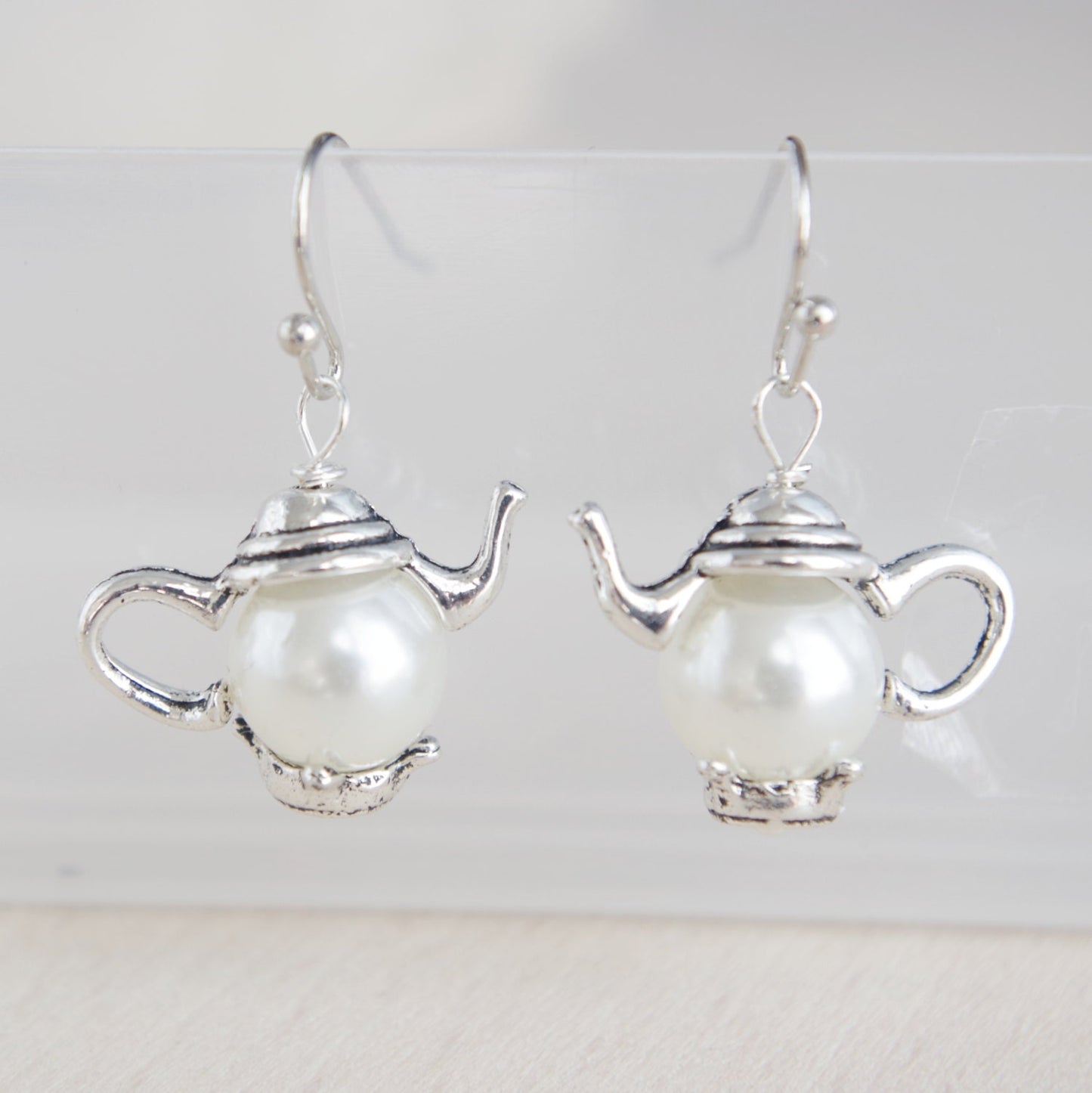 Teapot earrings silver drop earrings colorful earrings pearls jewelry tea earrings tea party teapot jewelry Mother's day gift women grandma