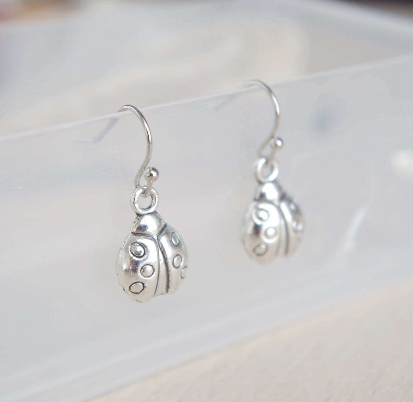 Silver Ladybird Earrings Insect Jewelry Minimalist Drop Earrings Hypoallergenic Surgical Steel Earrings Gift for girl gift for her