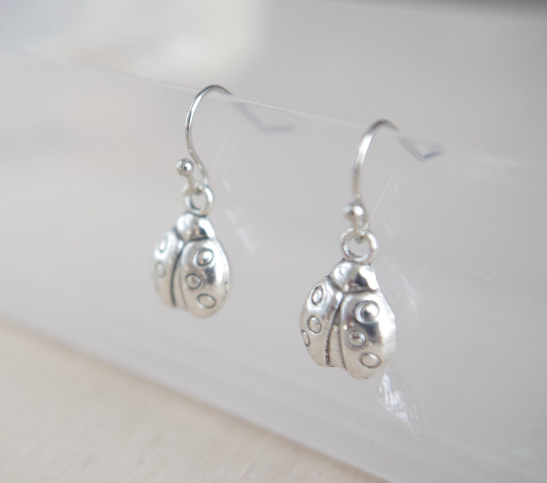 Silver Ladybird Earrings Insect Jewelry Minimalist Drop Earrings Hypoallergenic Surgical Steel Earrings Gift for girl gift for her