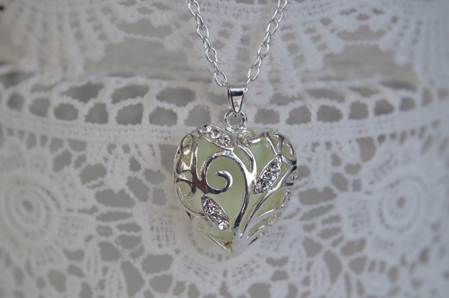 Blue glowing necklace silver necklace heart pendants glow necklace glow in the dark necklace glowing jewelry gifts for mom Valentines day