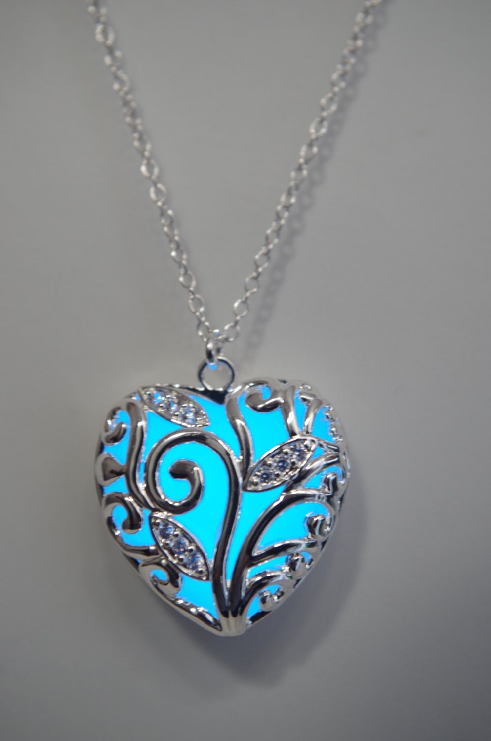 Blue glowing necklace silver necklace heart pendants glow necklace glow in the dark necklace glowing jewelry gifts for mom Valentines day