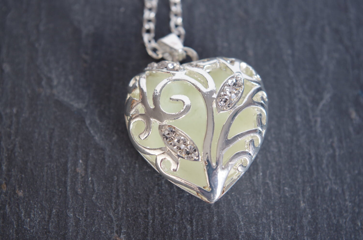 Blue glowing necklace silver necklace heart pendants glow necklace glow in the dark necklace glowing jewelry gifts for mom Valentines day