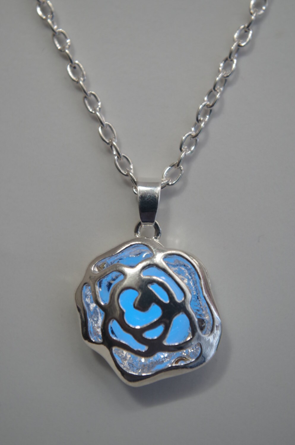 Glowing Rose Necklace Glow in the Dark Jewelry Silver Rose Aqua Glowing Necklace Mothers day gifts for Her Women jewelry