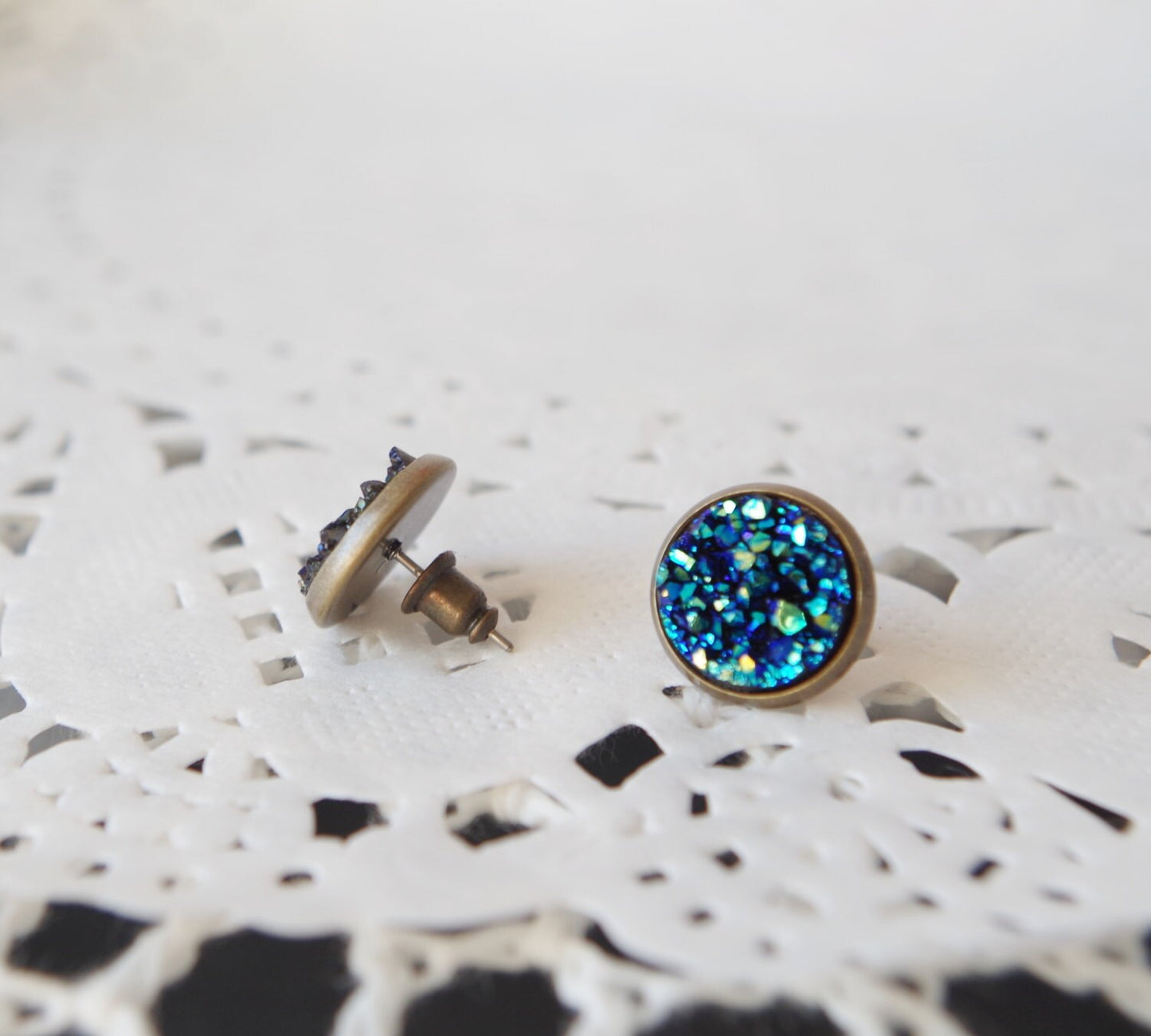 Blue druzy stud earrings Druzy post Druzy jewelry Small blue druzy studs Faux crystal earrings Crystal earrings Bridesmaid jewelry Tiny stud