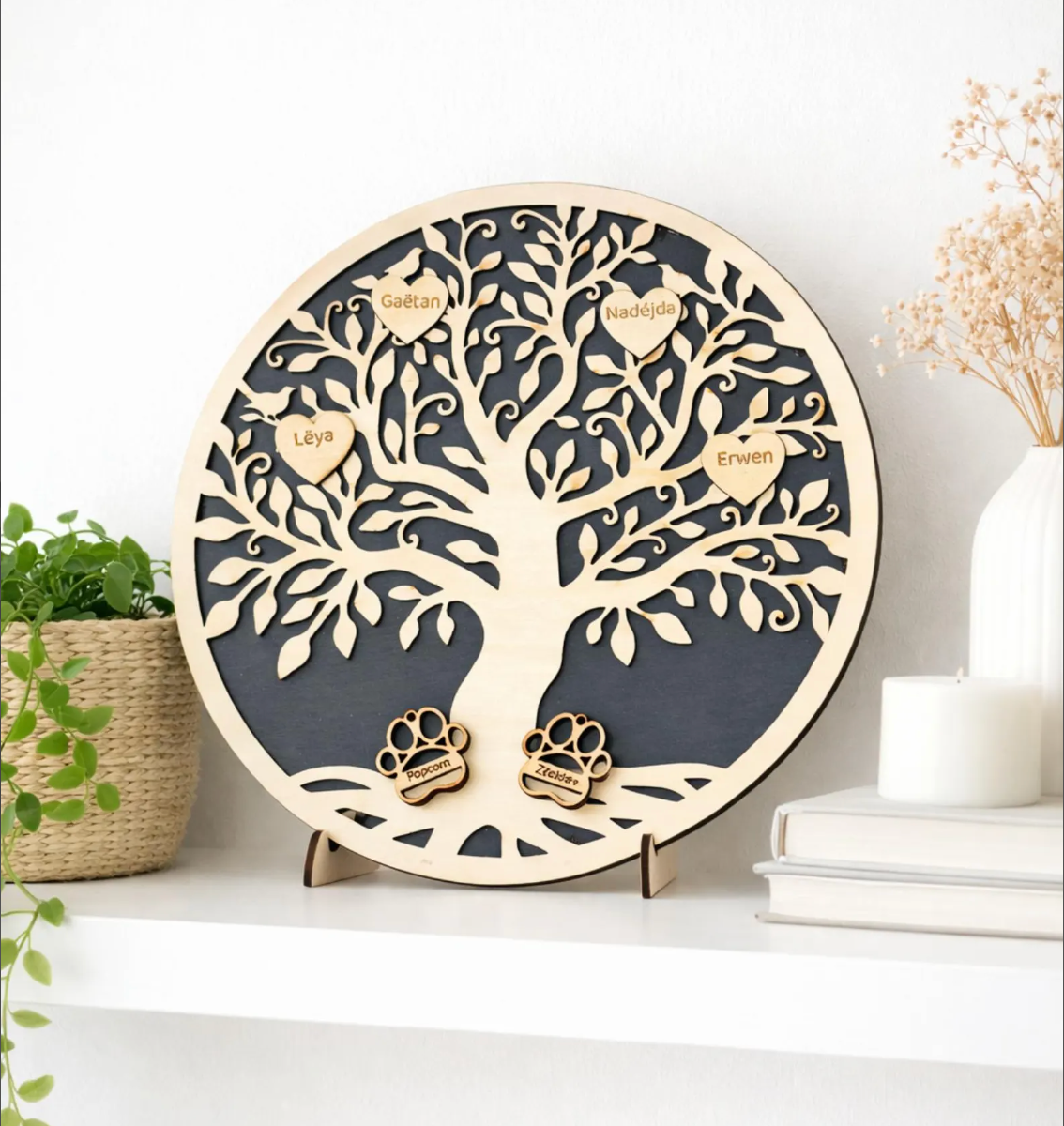 Arbre de vie personnalisé en bois – Famille & animaux