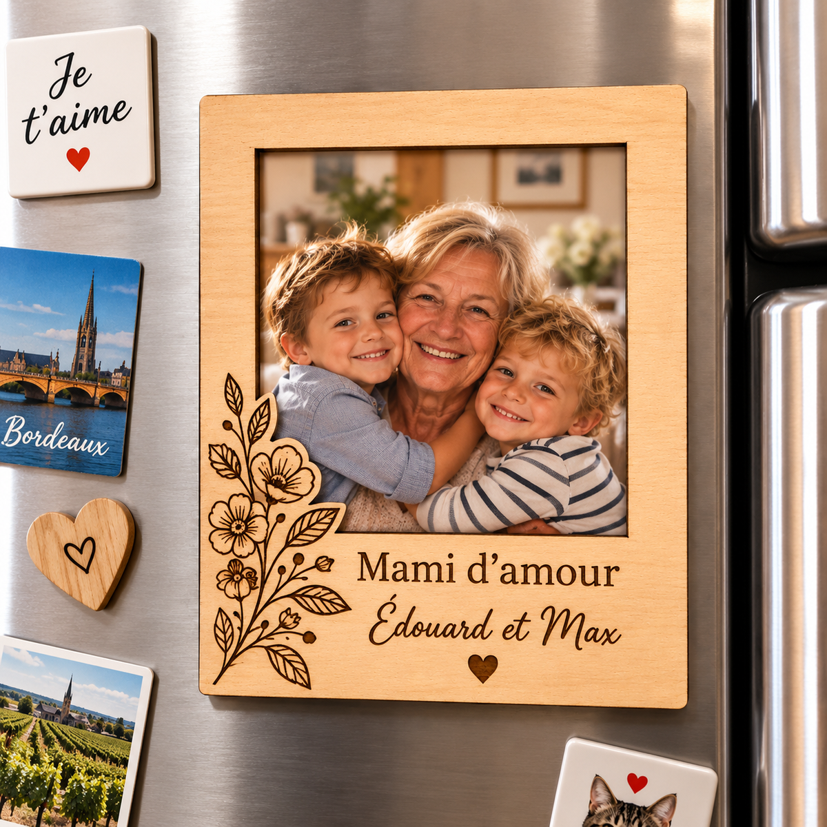 Magnet porte-photo personnalisé en bois gravé Mami d’amour avec prénoms, présenté dans une pochette cadeau