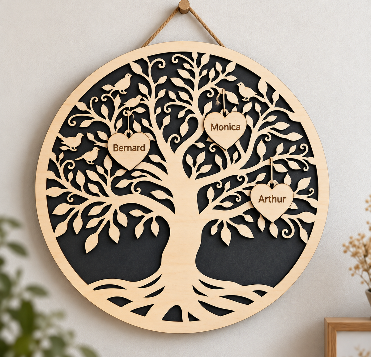 Arbre de vie personnalisé en bois – Prénoms famille & animaux