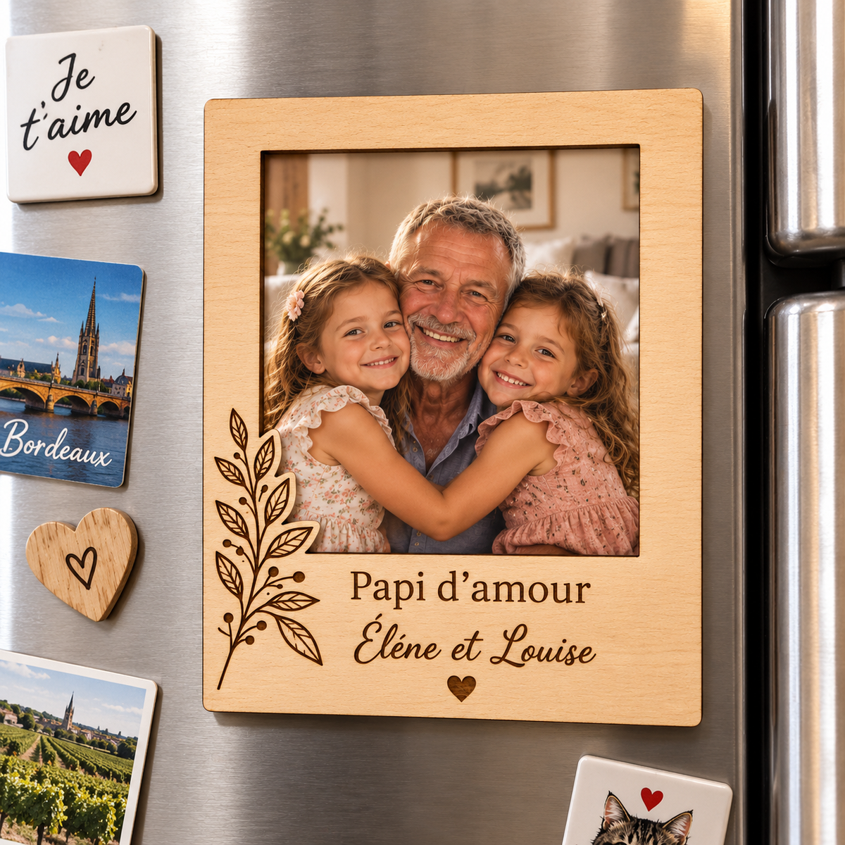 Magnet porte-photo personnalisé en bois gravé Papi d’amour avec prénoms, présenté dans une pochette cadeau