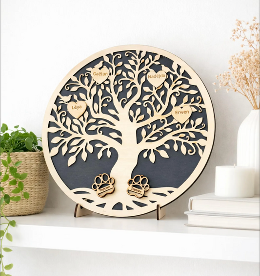 Arbre de vie personnalisé en bois – Famille & animaux