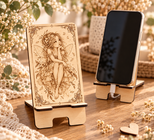 Support téléphone en bois gravé avec motif fée – cadeau artisanal