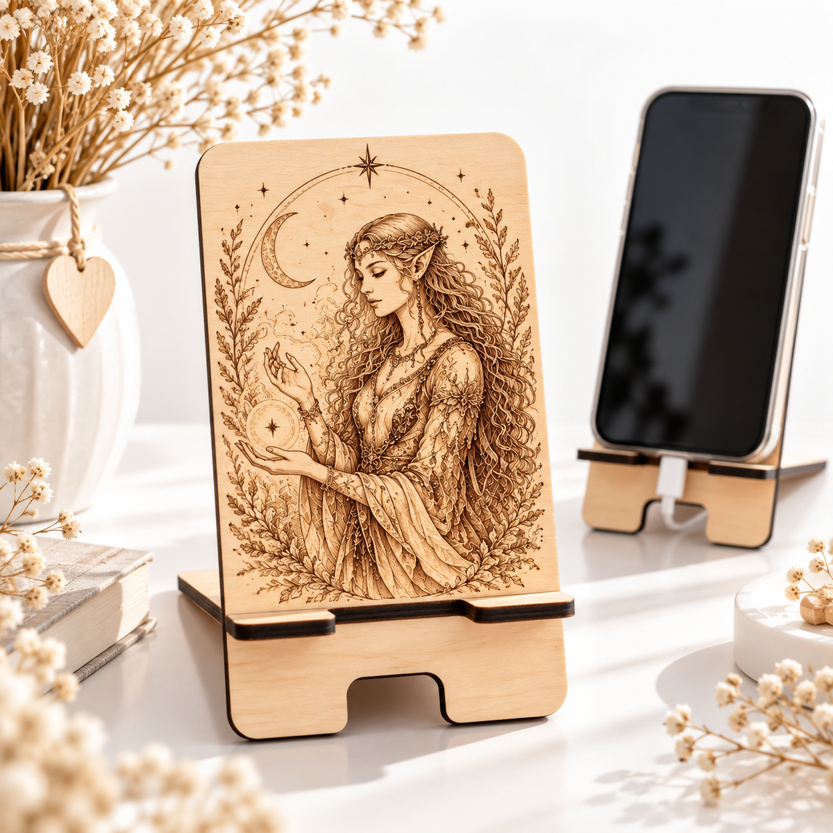 Support téléphone en bois gravé avec motif femme et lune – support smartphone artisanal
