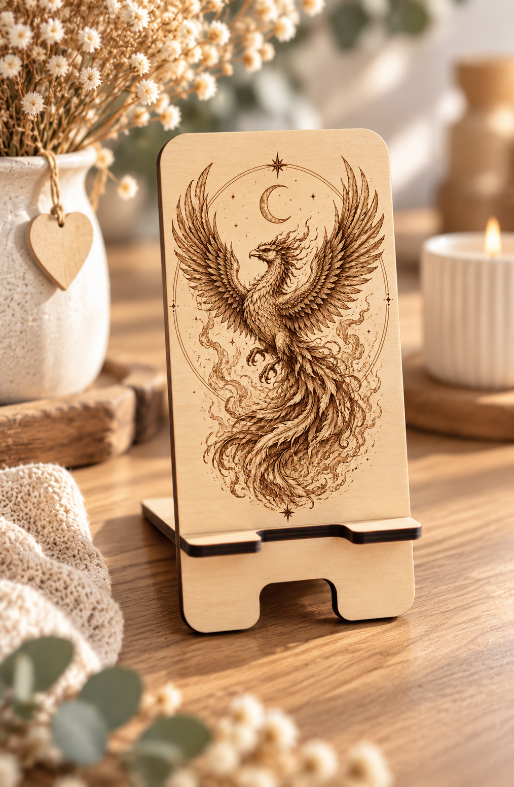 Support téléphone en bois gravé avec motif phénix – décoration artisanale