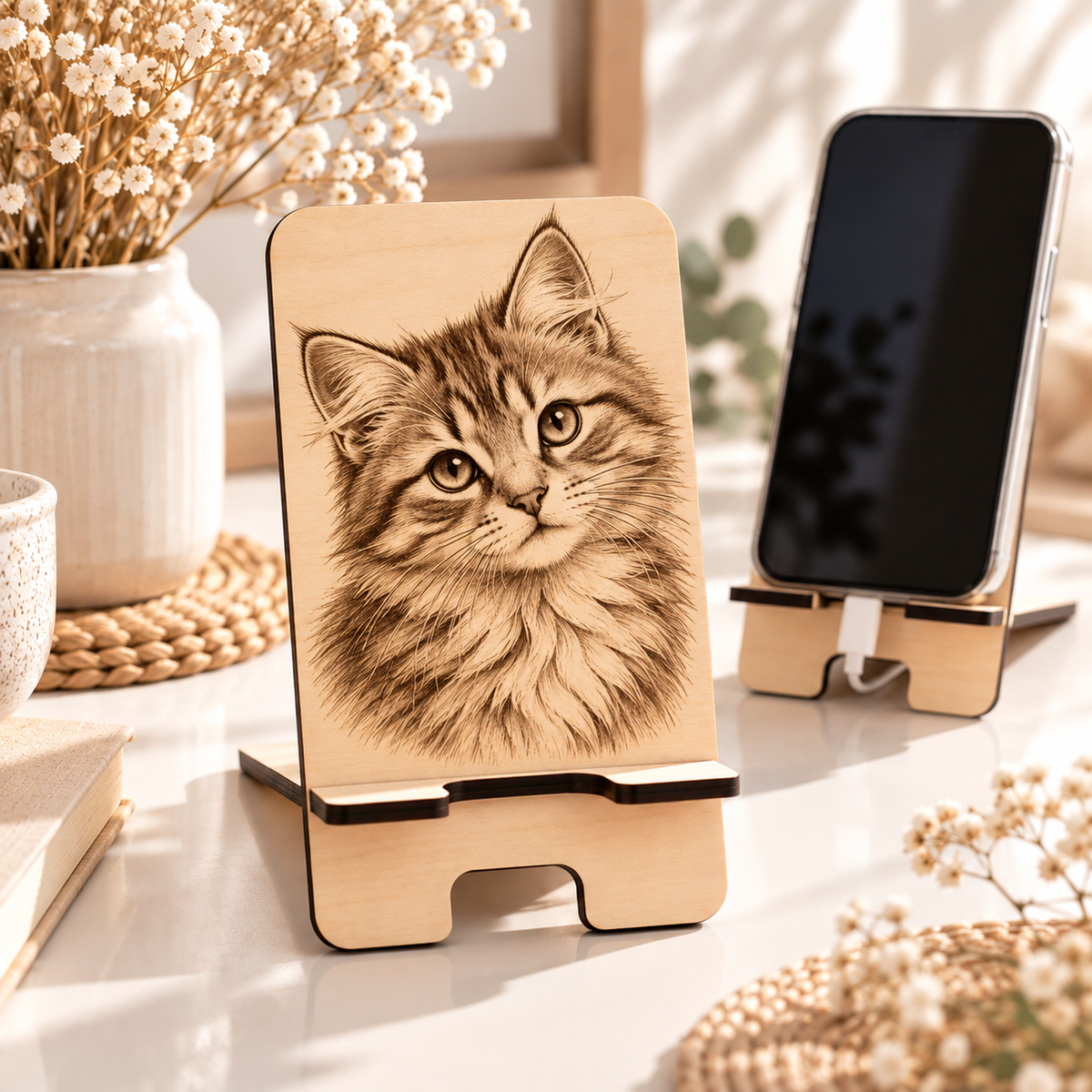 Support téléphone en bois gravé avec motif chat – support smartphone