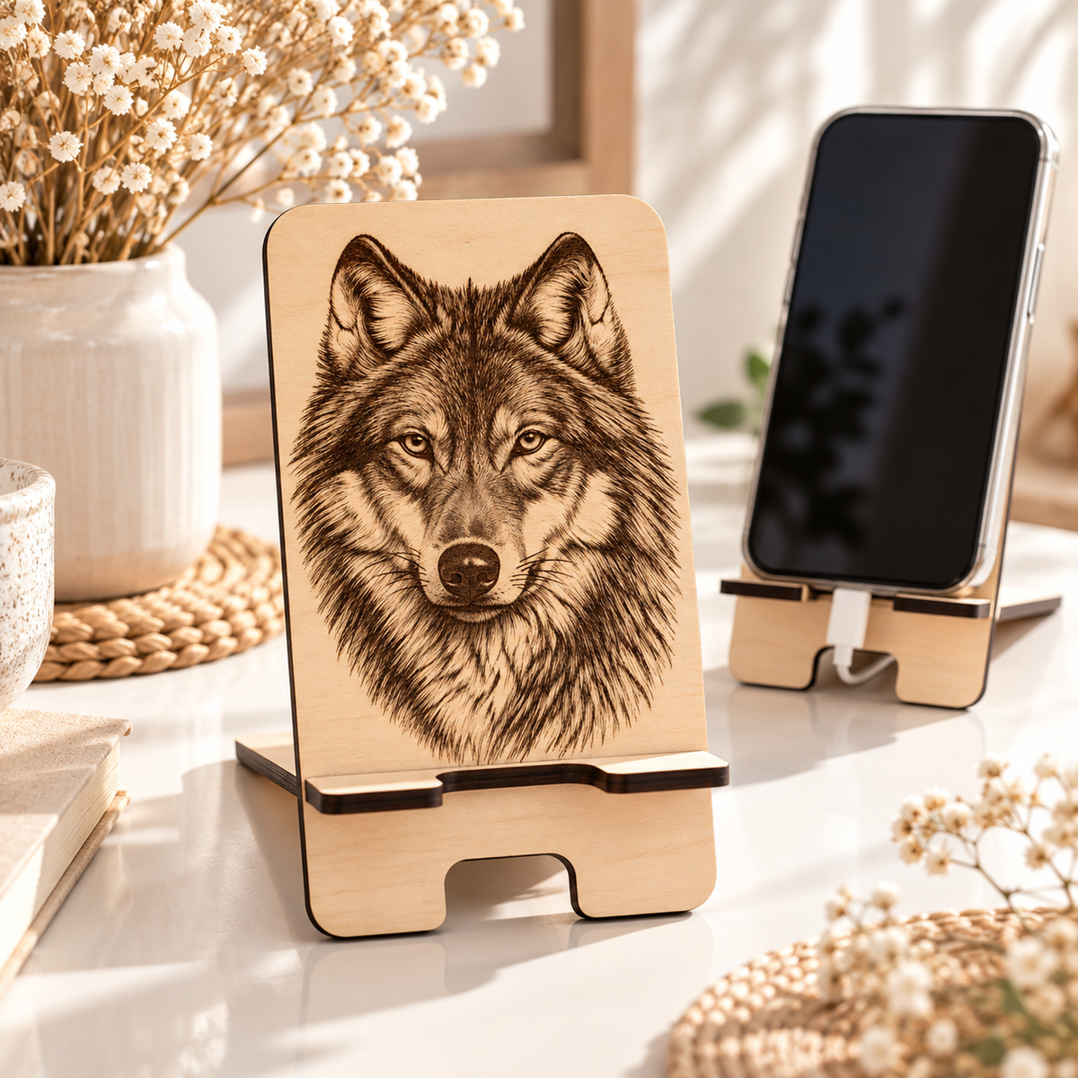Support téléphone en bois gravé avec motif loup – cadeau original en bois