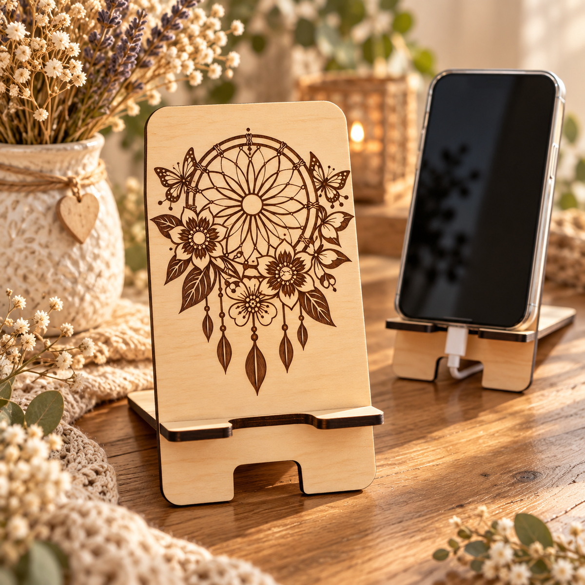 Support téléphone en bois gravé avec attrape-rêves et fleurs