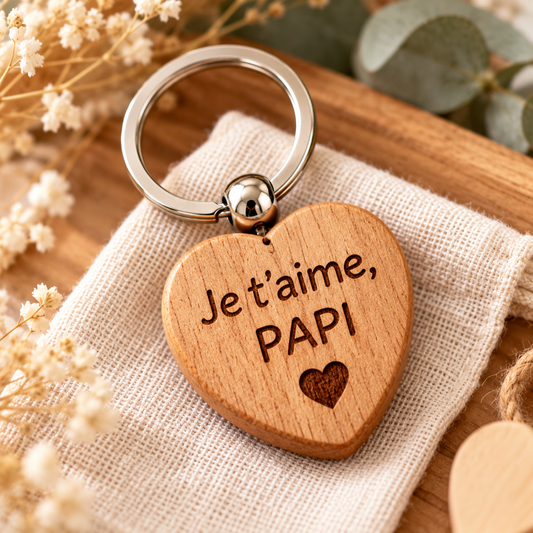 Porte-clés personnalisé en bois en forme de cœur gravé Je t’aime Papi, cadeau personnalisé pour grand-père