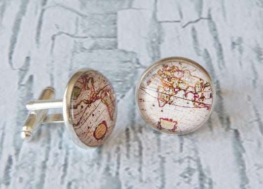 Vintage Map Cufflinks Valentine day gift for men World traveler Wedding cuff links World map gift for him Groomsmen gift best man cufflinks