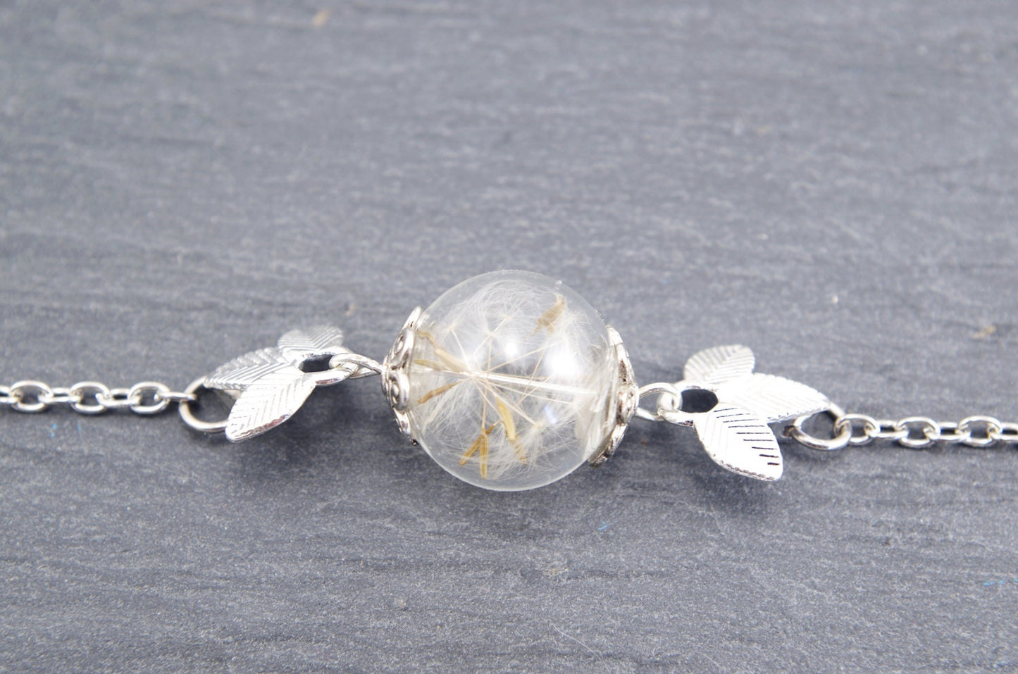 Dandelion Bracelet Real Dandelion seeds jewelry Terrarium Jewelry Mothers day gift mom Anniversary gift women Nature Jewelry Silver leaves