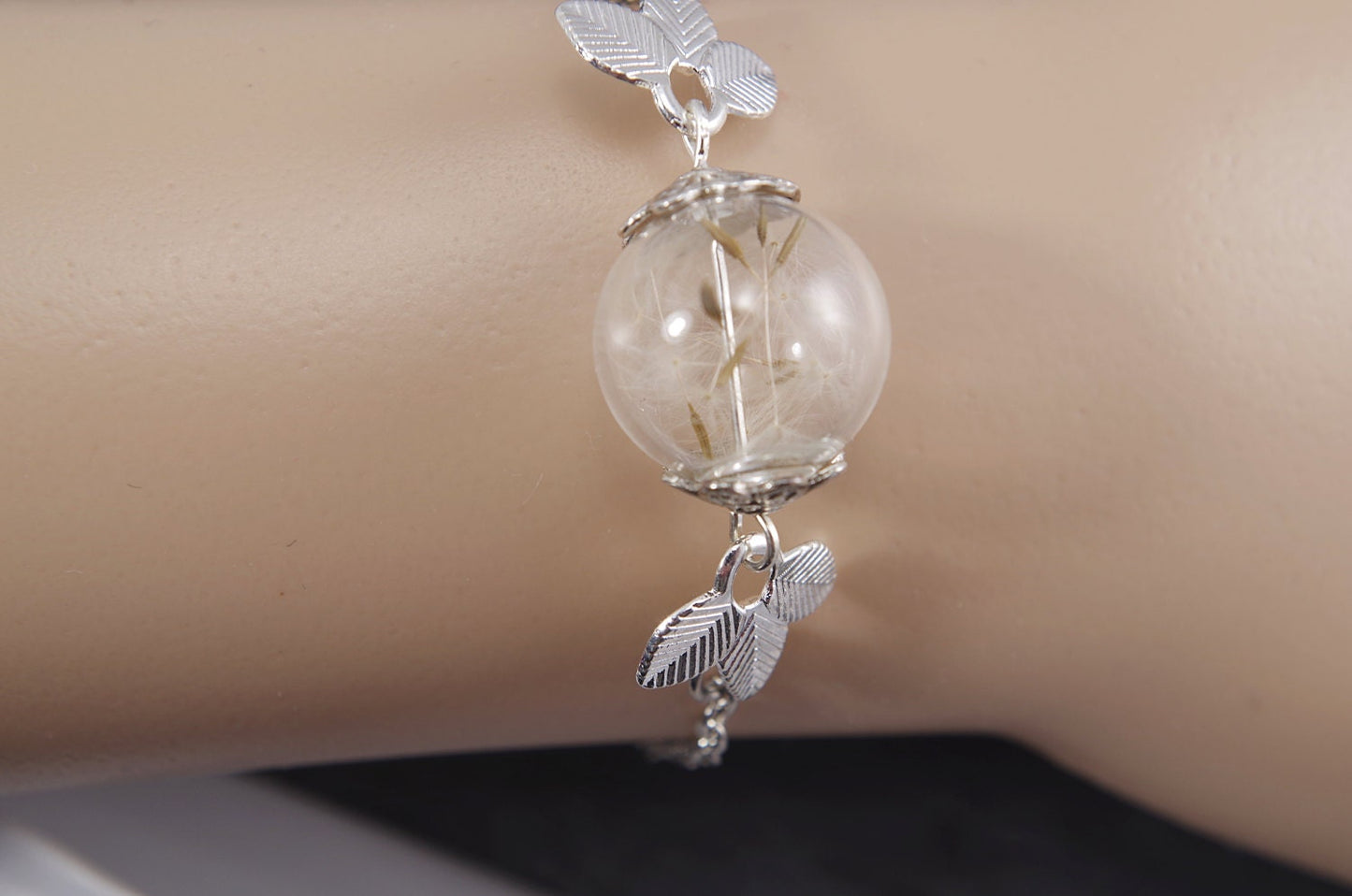 Dandelion Bracelet Real Dandelion seeds jewelry Terrarium Jewelry Mothers day gift mom Anniversary gift women Nature Jewelry Silver leaves