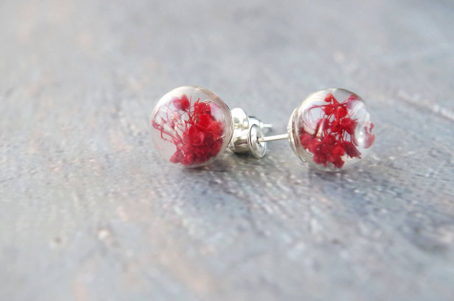 Red flower stud earrings natural flower  jewelry small real flower earrings daisy flower botanical glass globe  birthday gift Mother's Day