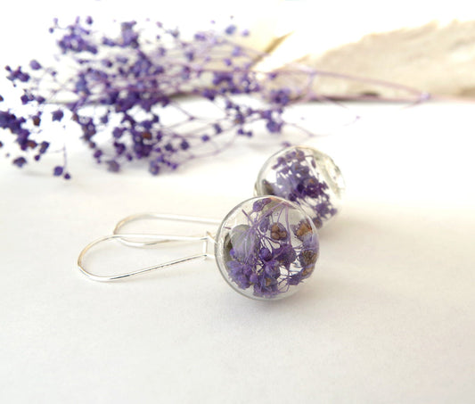 Purple  flower earrings  Purple earrings Purple flower jewelry  Real flowers earrings Terrarium Jewelry Botanical Jewelry Gift for her