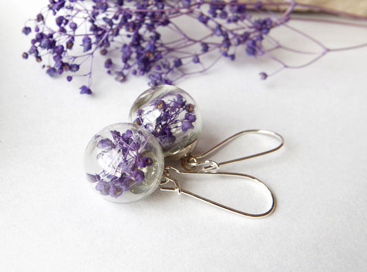 Purple  flower earrings  Purple earrings Purple flower jewelry  Real flowers earrings Terrarium Jewelry Botanical Jewelry Gift for her