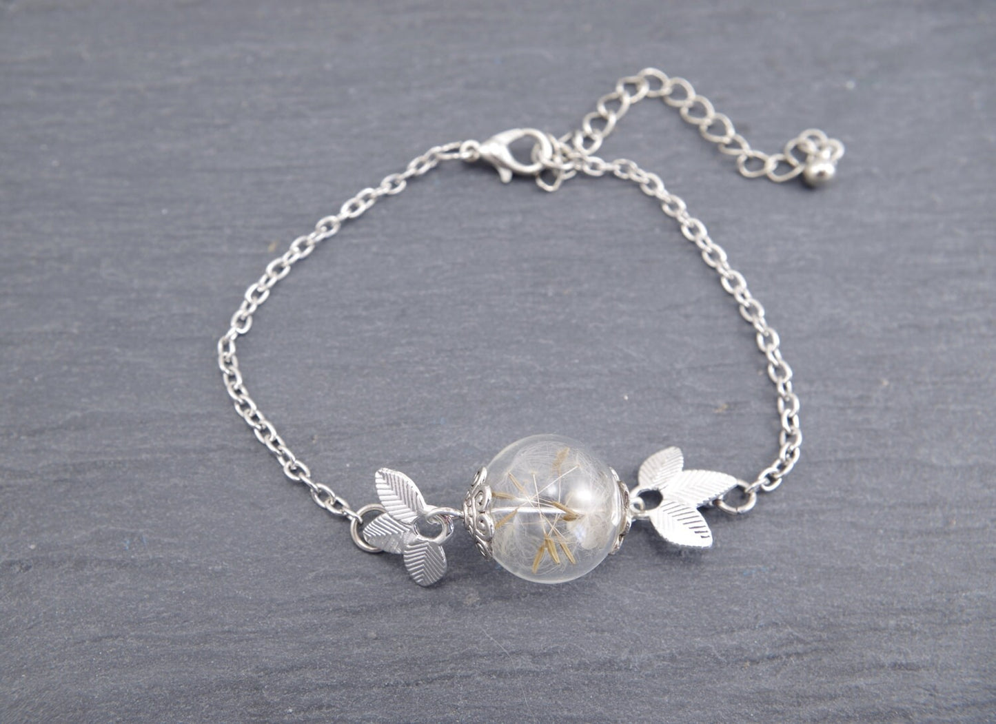 Dandelion Bracelet Real Dandelion seeds jewelry Terrarium Jewelry Mothers day gift mom Anniversary gift women Nature Jewelry Silver leaves