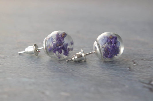 Purple flower stud earrings small real flower earrings natural flower jewelry botanical glass globe birthday gift Mother's Day gift