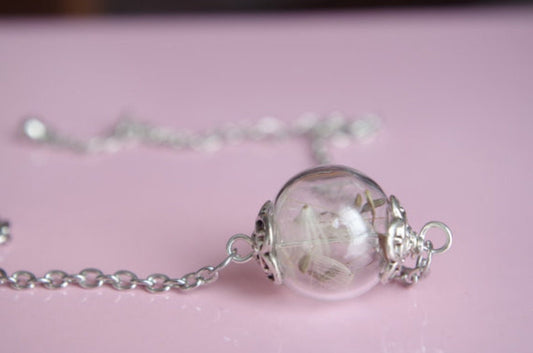Bracelet boule de verre – Graine de pissenlit réelle dans perle soufflée à la main, longueur réglable