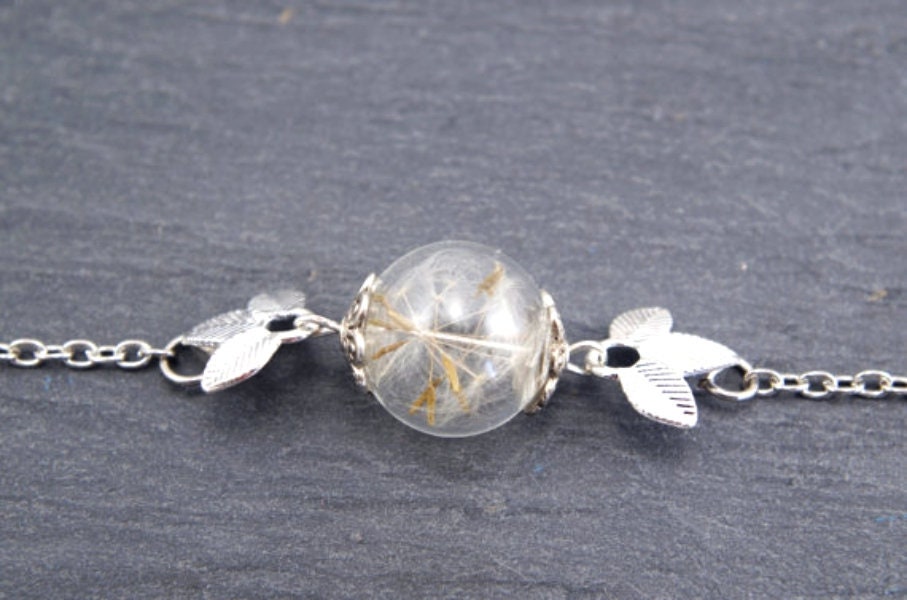 Dandelion Bracelet Real Dandelion seeds jewelry Terrarium Jewelry Mothers day gift mom Anniversary gift women Nature Jewelry Silver leaves