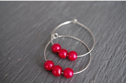 Red Pearl Hoop Earring Teardrop Hoops Earring Red Pearl Circle Earrings Pearl Large Hoop Earrings Beaded Hoop Earrings Bridesmaid Earrings