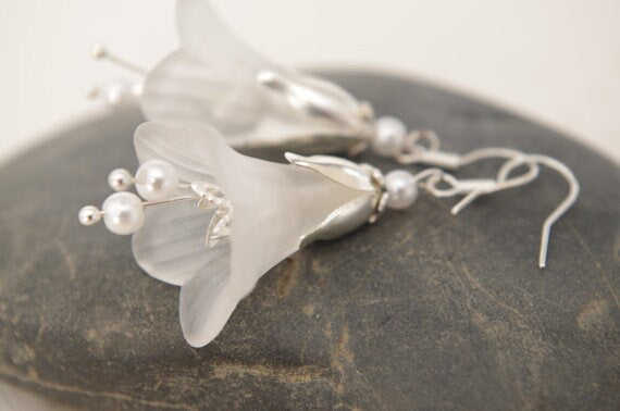 White Lucite Flower Earrings Lilac Flower Dangle Earrings Victorian Jewelry Party Gift Idea