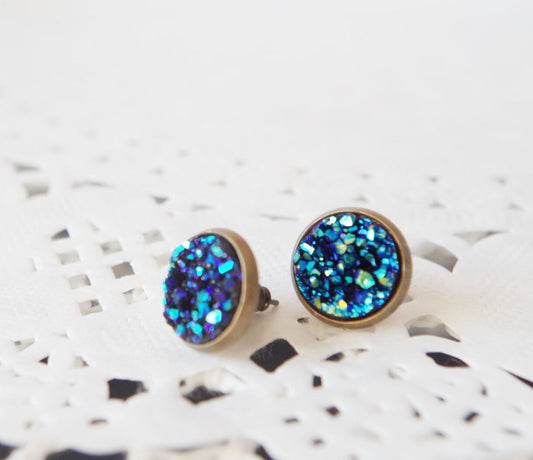 Blue druzy stud earrings Druzy post Druzy jewelry Small blue druzy studs Faux crystal earrings Crystal earrings Bridesmaid jewelry Tiny stud