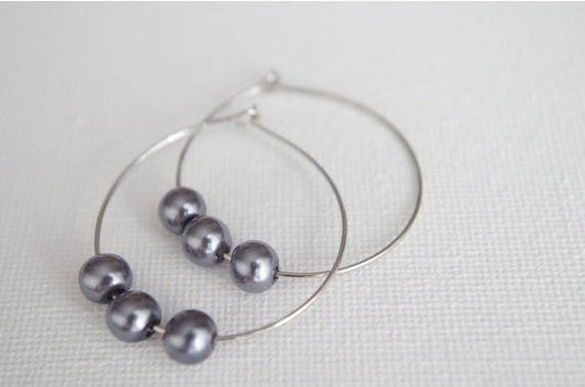 Grey Pearl Hoop Earring Teardrop Hoops Beaded  Jewelry Christmas gift for her