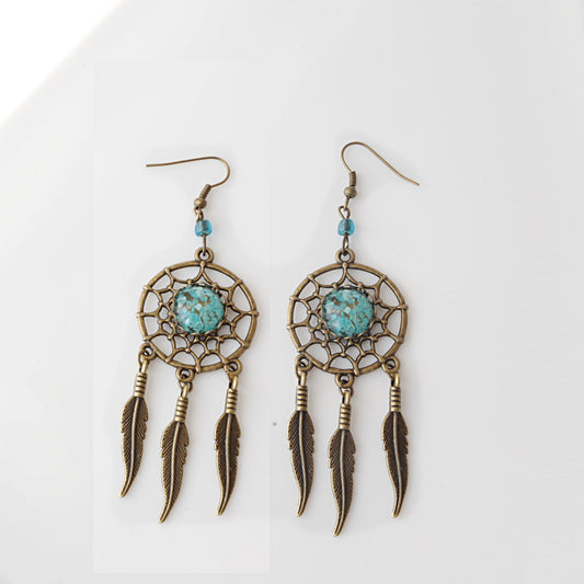 Bronze dreamcatcher earrings Dream catcher jewelry Long earrings Boho feathers earrings flower earrings Chandelier Earrings Handmade Jewelry