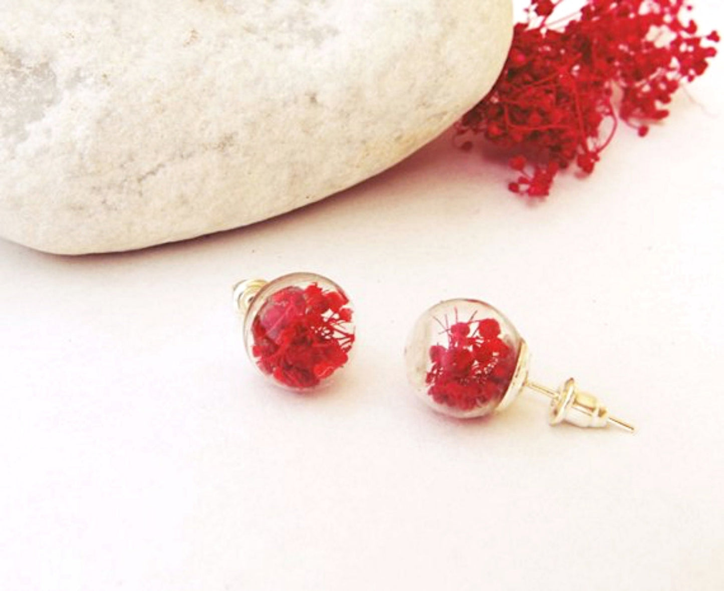 Red flower stud earrings natural flower  jewelry small real flower earrings daisy flower botanical glass globe  birthday gift Mother's Day