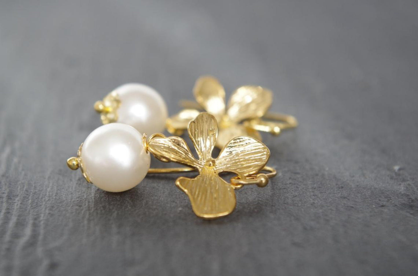 Gold orchid earrings with pearls. Flowers jewelry Bridal gift Wedding earrings Mothers day gift for women