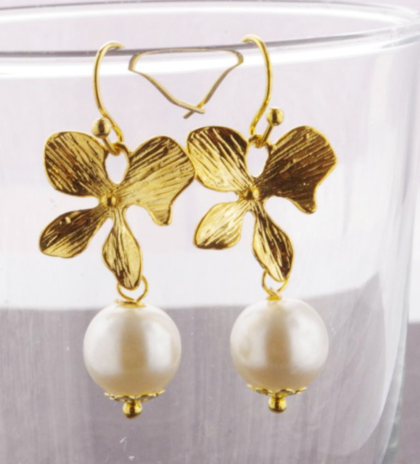 Gold orchid earrings with pearls. Flowers jewelry Bridal gift Wedding earrings Mothers day gift for women