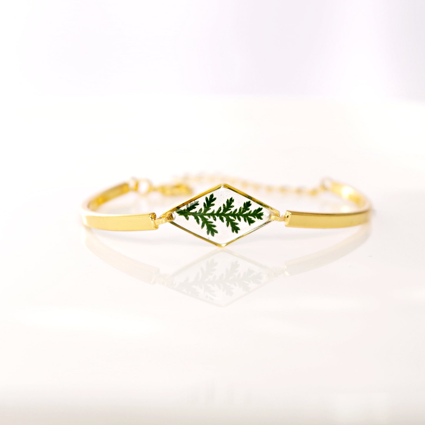 Gold bracelet with real pressed fern leaf in resin Terrarium Jewelry Mothers day gift for mom Botanical Jewelry