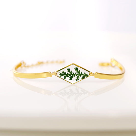 Gold bracelet with real pressed fern leaf in resin Terrarium Jewelry Mothers day gift for mom Botanical Jewelry